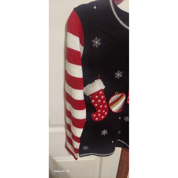 Holiday Time Womens Ugly Xmas Sweater JOLLY S 4/6 Black Red Candy Cane Embroider - Picture 2 of 6